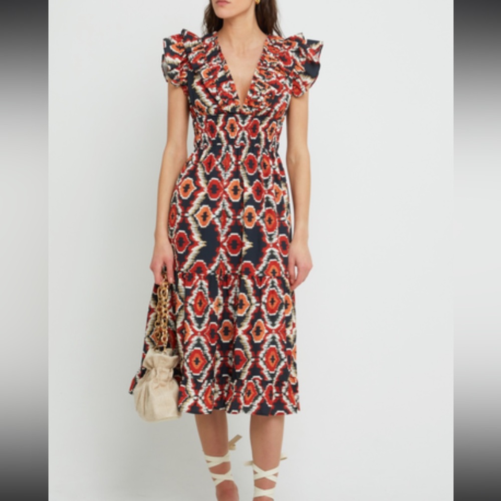 o.p.t. Viansa Midi Dress in Red Geo Print Size Medium EUC 100% Cotton